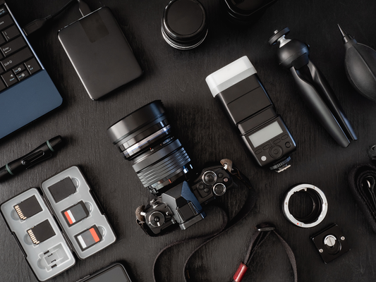 Camera equipment laid on a desk