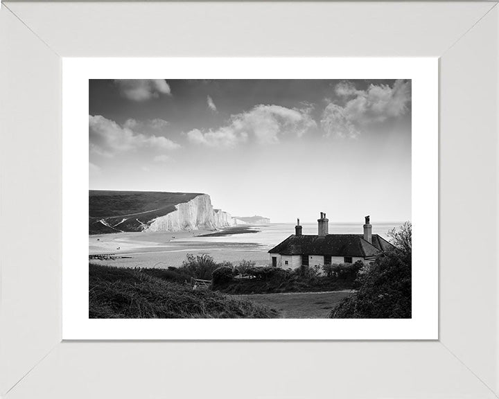 Seven Sisters cliffs and cottage East Sussex black and white Photo Print - Canvas - Framed Photo Print - Hampshire Prints