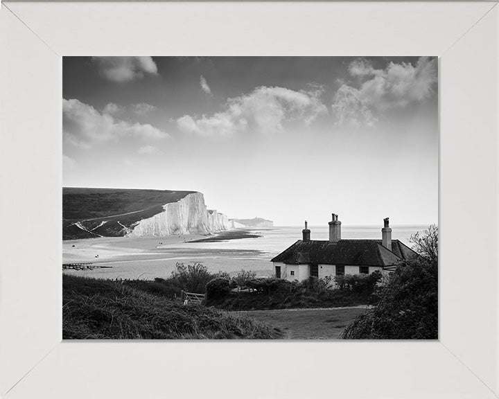 Seven Sisters cliffs and cottage East Sussex black and white Photo Print - Canvas - Framed Photo Print - Hampshire Prints