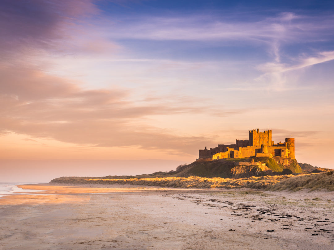 Bamburgh Castle Northumberland from the beach at sunset Photo Print - Canvas - Framed Photo Print - Hampshire Prints