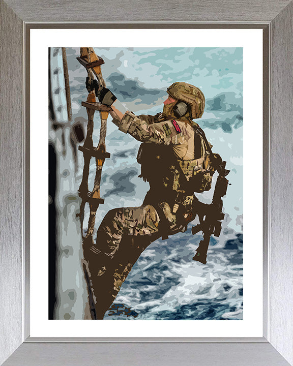 Royal Marines Commando climbing a rope ladder artwork Print - Canvas - Framed Print - Hampshire Prints