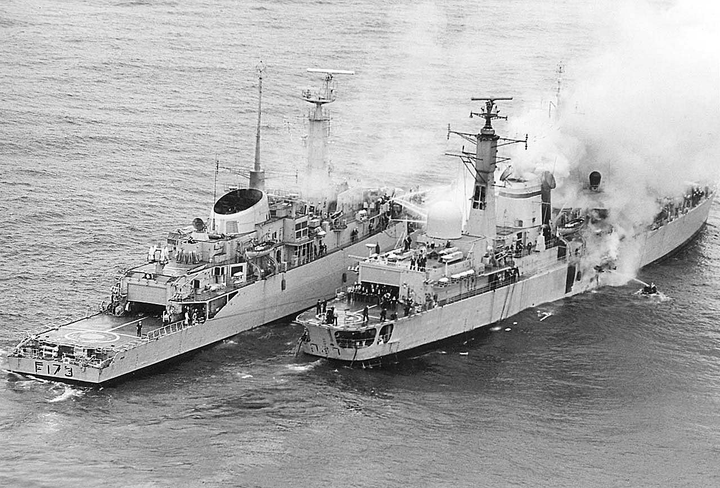 HMS Arrow F173 alongside HMS Sheffield D80 During the Falklands War Photo Print or Framed Print - Hampshire Prints